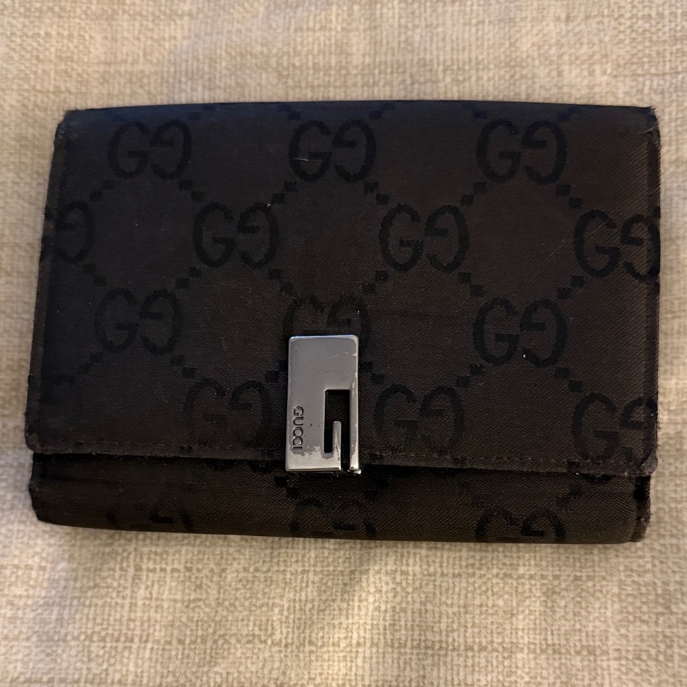 Vintage Gucci GG Canvas & Leather Long Flap Wallet. Brown/Black.